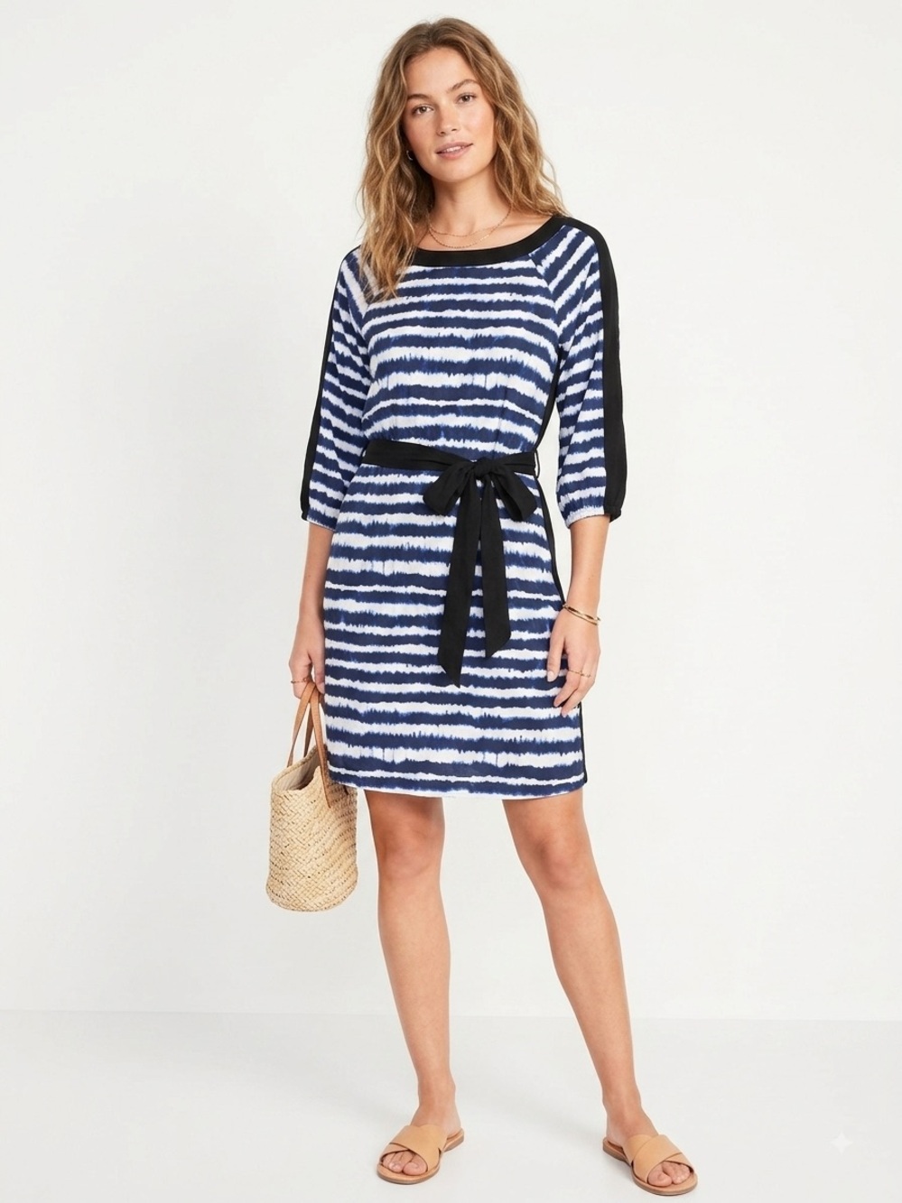 Daisy Fuentes Striped Belted Tie-Waist Women's Dress No Stretch